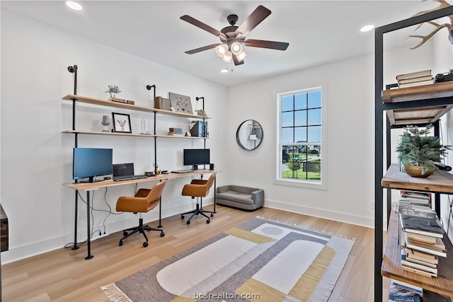 office space with ceiling fan and light hardwood / wood-style flooring