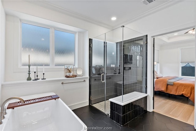 bathroom with separate shower and tub, crown molding, sink, and wood-type flooring