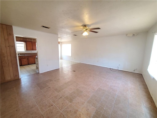 empty room featuring ceiling fan and sink