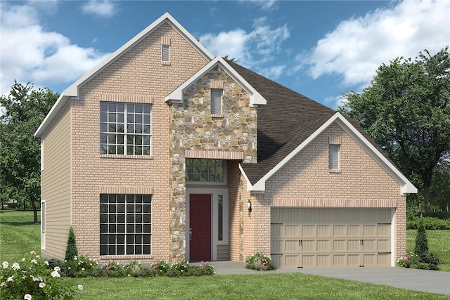 2201 Terrilyn Ct, Bryan, TX 77807 - view of front of property with an attached garage, brick siding, concrete driveway, stone siding, and a front lawn