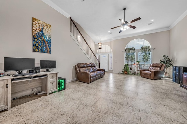 living area featuring visible vents, stairs, crown molding, and baseboards