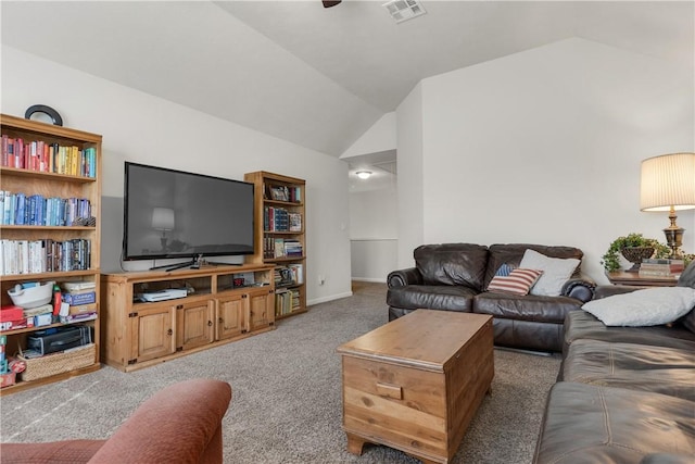 living room featuring lofted ceiling, carpet flooring, and ceiling fan