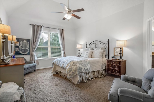 carpeted bedroom with vaulted ceiling and ceiling fan