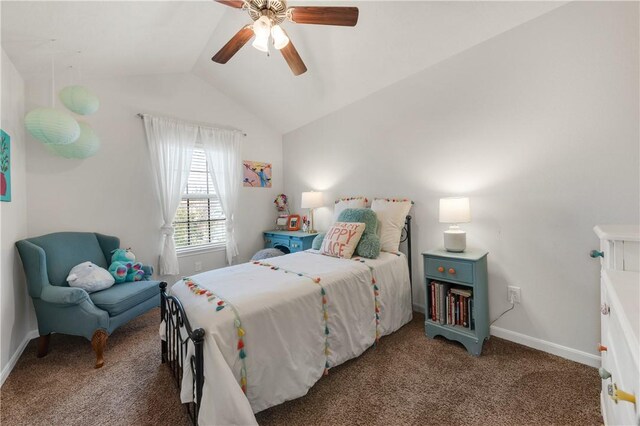 bedroom featuring vaulted ceiling, ceiling fan, and dark carpet