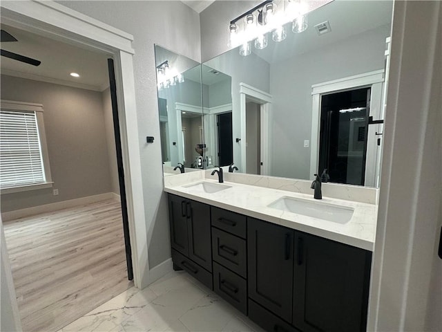 bathroom with hardwood / wood-style flooring and vanity