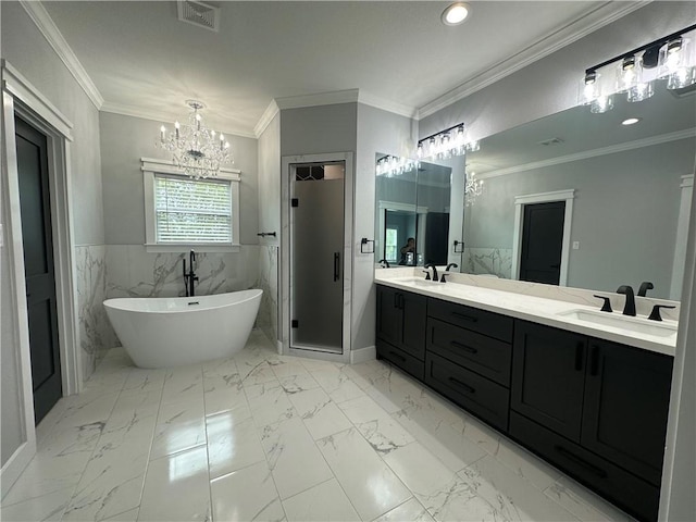 bathroom with vanity, crown molding, shower with separate bathtub, tile walls, and a notable chandelier