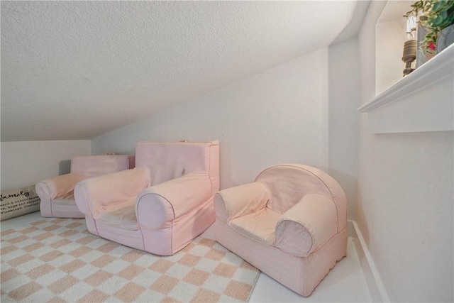 living area with lofted ceiling and a textured ceiling