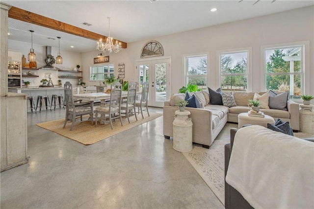 living area with recessed lighting, concrete floors, visible vents, french doors, and beam ceiling