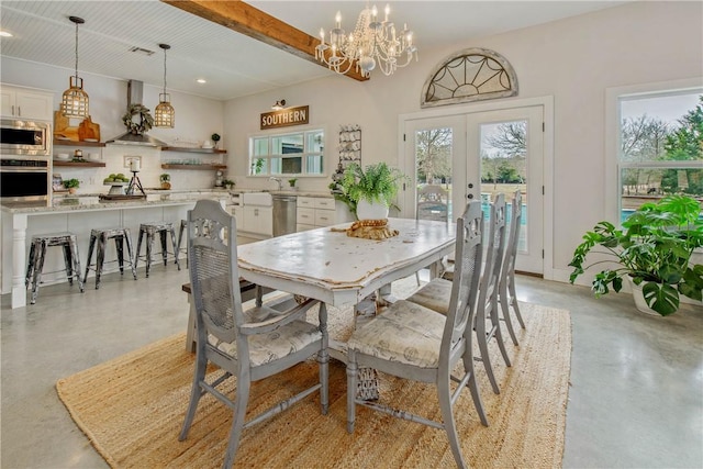 dining area featuring recessed lighting, french doors, finished concrete flooring, and beam ceiling