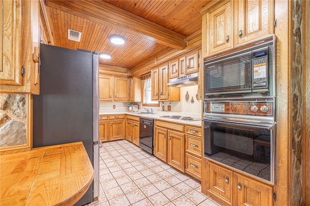 kitchen featuring black appliances, wooden ceiling, sink, and light tile patterned floors