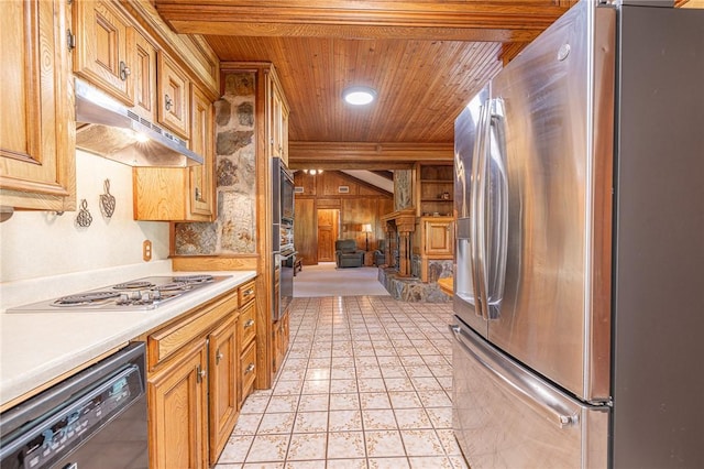 kitchen with appliances with stainless steel finishes, wood ceiling, wooden walls, beamed ceiling, and light tile patterned flooring