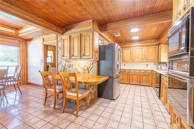 kitchen featuring wooden ceiling, sink, light tile patterned floors, and black appliances