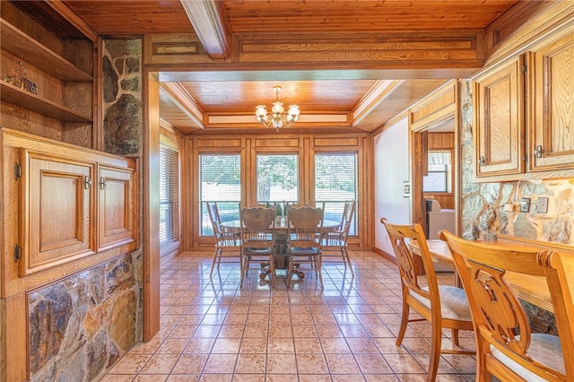 dining area with ornamental molding, wood ceiling, and a notable chandelier