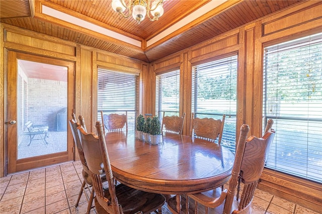 dining space with wood walls, crown molding, a notable chandelier, light tile patterned flooring, and wood ceiling