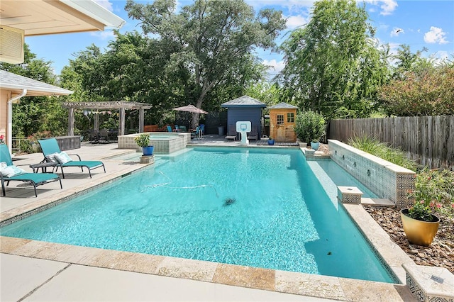 1013 Winding Rd, College Station, TX 77840 - view of swimming pool with a pool with connected hot tub, a patio area, a pergola, a fenced backyard, and an outdoor structure