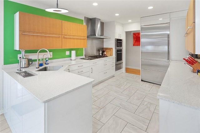 1013 Winding Rd, College Station, TX 77840 - kitchen with light stone counters, a peninsula, a sink, appliances with stainless steel finishes, and wall chimney exhaust hood