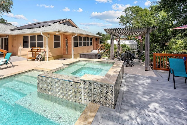 1013 Winding Rd, College Station, TX 77840 - view of swimming pool with outdoor dining area, a pergola, a deck, and an in ground hot tub