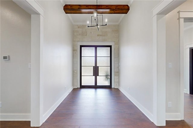 7844 Mathis Creek Dr, Bryan, TX 77808 - hall featuring dark wood-type flooring, baseboards, beam ceiling, and a chandelier