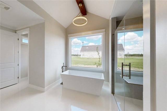 7844 Mathis Creek Dr, Bryan, TX 77808 - full bathroom featuring vaulted ceiling with beams, baseboards, a freestanding bath, and a stall shower