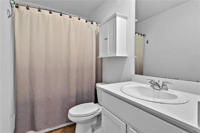 317 Riverwood Village Ln, Sealy, TX 77474 - bathroom featuring vanity, toilet, wood finished floors, and curtained shower