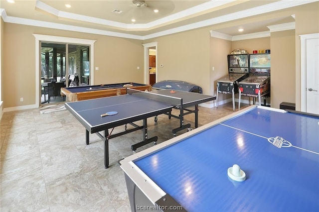 playroom featuring ceiling fan, a raised ceiling, crown molding, and pool table