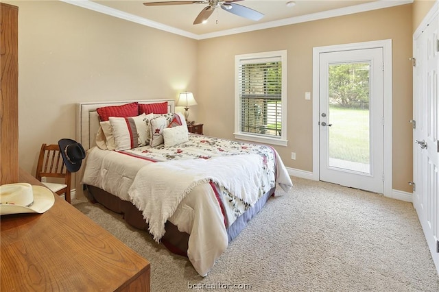 carpeted bedroom with access to exterior, ceiling fan, and ornamental molding