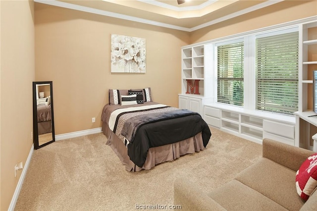 bedroom featuring light colored carpet and crown molding