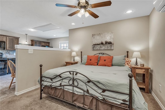 bedroom with light carpet, a wall unit AC, and ceiling fan