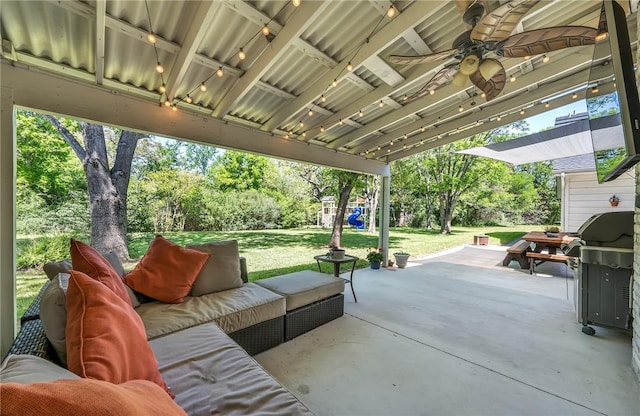 view of patio / terrace with grilling area, ceiling fan, and an outdoor hangout area