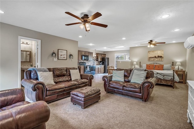 living room featuring a wall mounted air conditioner, ceiling fan, and light carpet