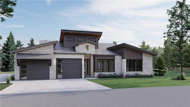 view of front of home with a garage and a front lawn