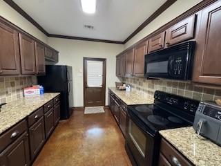 3349 General Pkwy, College Station, TX 77845 - kitchen featuring black appliances, crown molding, backsplash, dark brown cabinets, and light stone counters