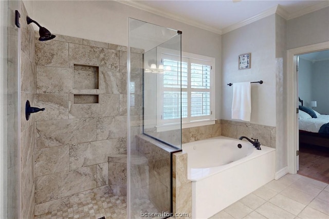 bathroom featuring tile patterned flooring, independent shower and bath, and crown molding