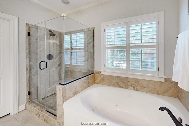 bathroom featuring crown molding, tile patterned flooring, and plus walk in shower