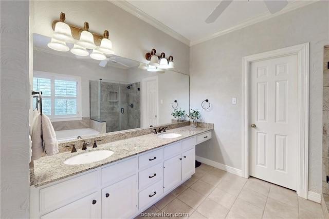 bathroom featuring tile patterned flooring, vanity, ornamental molding, and independent shower and bath