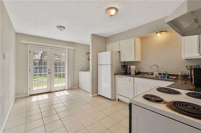 kitchen featuring french doors, white appliances, sink, exhaust hood, and white cabinetry