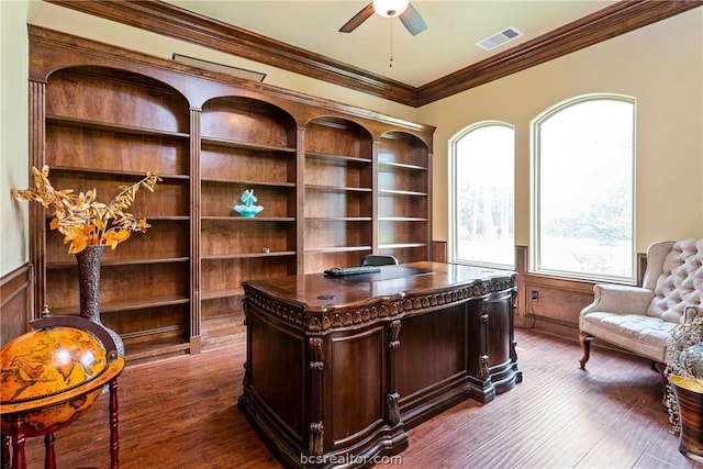 office space with ceiling fan, hardwood / wood-style floors, and ornamental molding