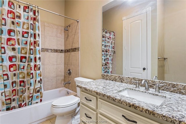 full bathroom featuring tile patterned flooring, vanity, toilet, and shower / bathtub combination with curtain