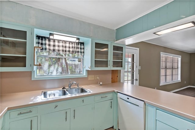 kitchen featuring white dishwasher, crown molding, and sink