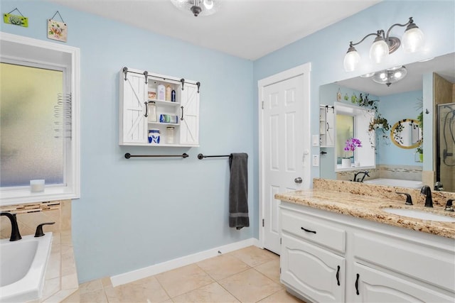 bathroom featuring tile patterned flooring, vanity, and independent shower and bath