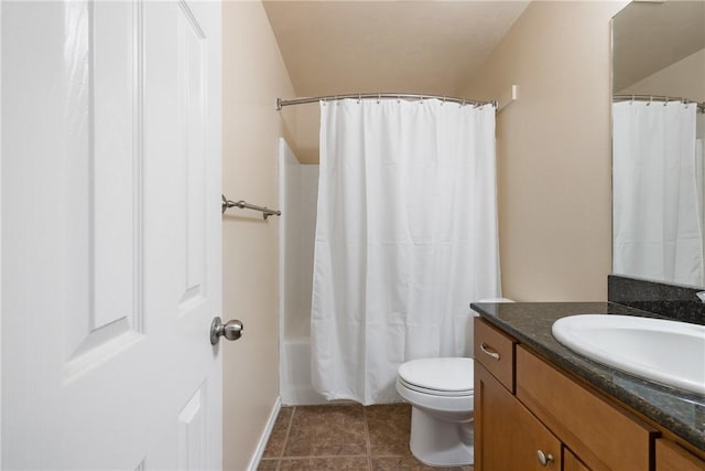 full bathroom with vanity, toilet, and shower / bath combo with shower curtain