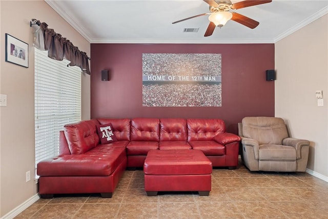 living room with ceiling fan and ornamental molding