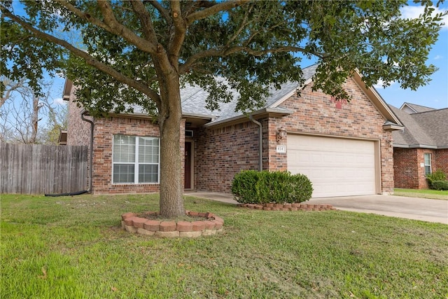 ranch-style house with a front yard and a garage