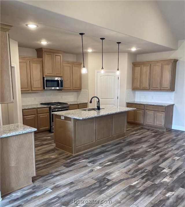 kitchen with light stone countertops, dark hardwood / wood-style flooring, stainless steel appliances, sink, and an island with sink