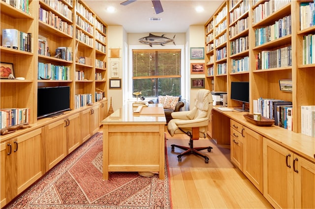 18140 Osage Trail Dr, College Station, TX 77845 - office space featuring ceiling fan, light wood-style flooring, built in desk, and recessed lighting