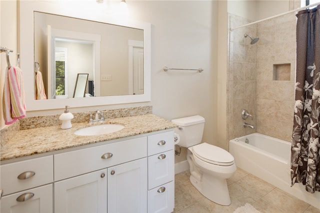 18140 Osage Trail Dr, College Station, TX 77845 - bathroom with tile patterned flooring, toilet, vanity, and shower / bathtub combination with curtain
