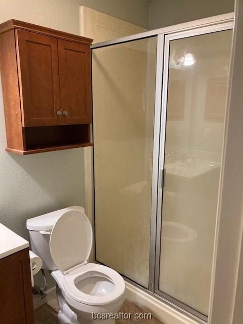 bathroom featuring vanity, toilet, and walk in shower