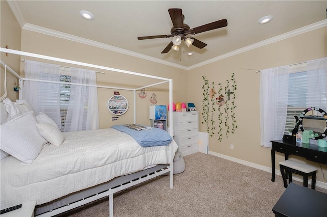 bedroom with a ceiling fan, baseboards, ornamental molding, carpet, and recessed lighting