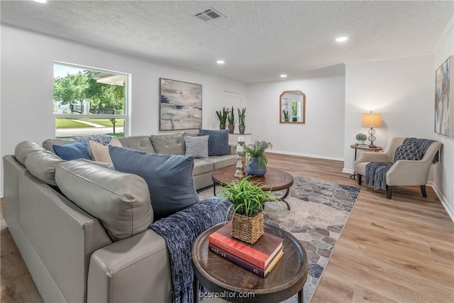 living room with wood-type flooring and a textured ceiling