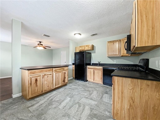 kitchen featuring ceiling fan and black appliances